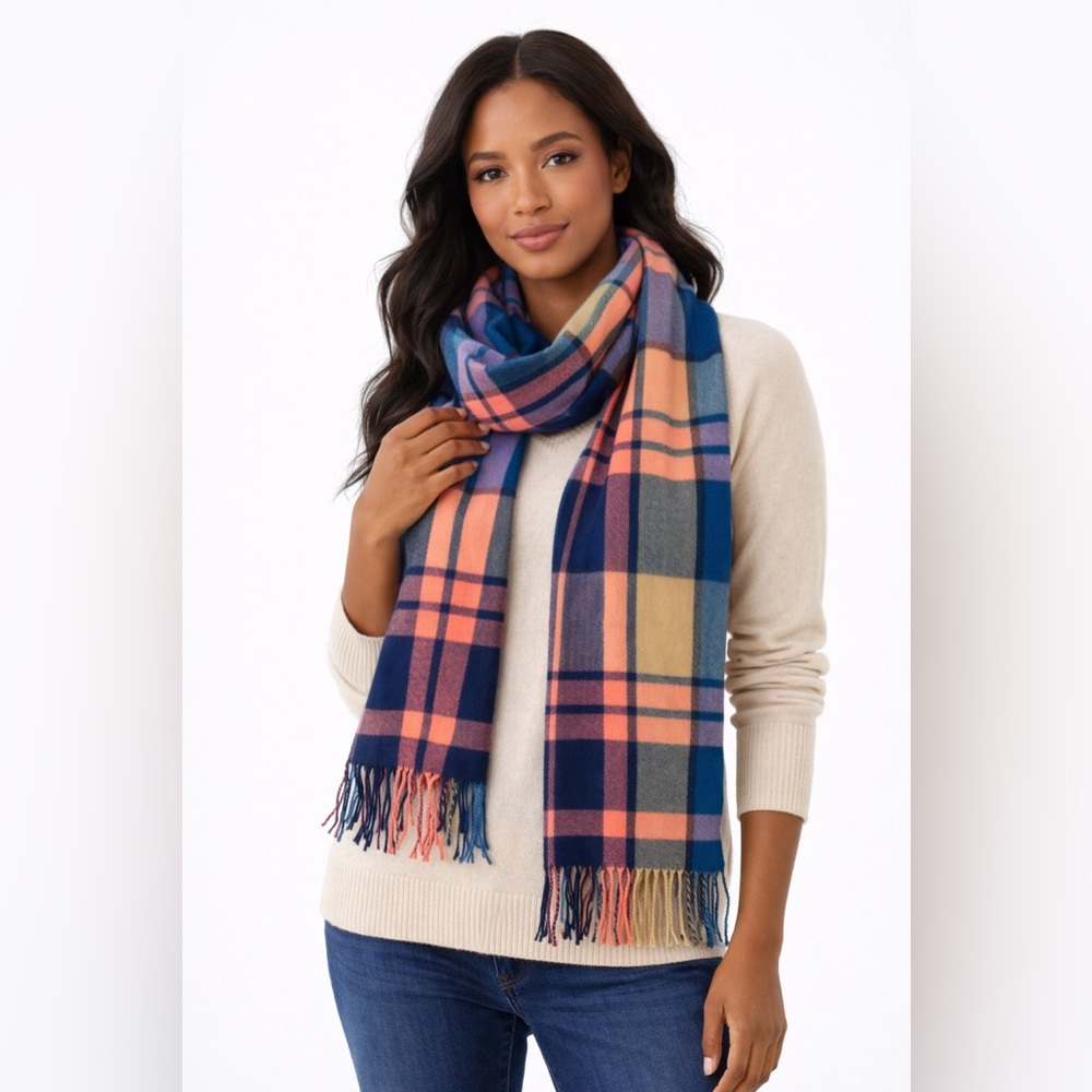Gap Plaid Scarf Pink and Blue with Fringe